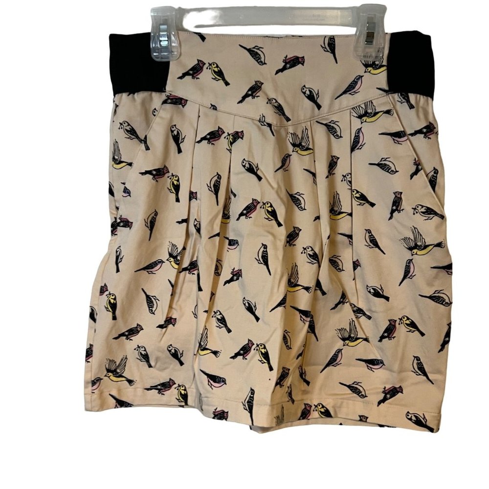 H&M Divided Mini Skirt Womens 6 Pockets Colorful Birds Elastic Waist Side Pleate